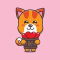 Cute cat cartoon character holding love in wood bucket.