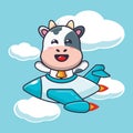 Cute cow mascot cartoon character ride on plane jet. Royalty Free Stock Photo