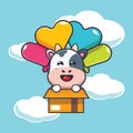 Cute cow mascot cartoon character fly with balloon. Royalty Free Stock Photo