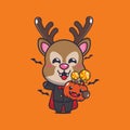 Vampire deer holding halloween pumpkin. Royalty Free Stock Photo