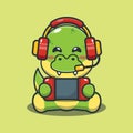Cute dino playing a game cartoon vector illustration.