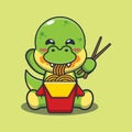 Cute dino eating noodle cartoon vector illustration. Royalty Free Stock Photo