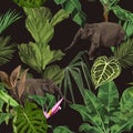 Tropical wild elephant animal, palms, exptic plants, banana tree. Floral seamless night pattern on blak background.