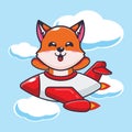 Cute fox mascot cartoon character ride on plane jet. Royalty Free Stock Photo