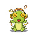 Cute frog listening music with headphone cartoon vector illustration.