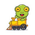 Cute frog mascot cartoon character ride on train.