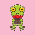 Cute frog cartoon character holding love in wood bucket.