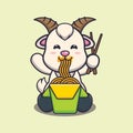 Cute goat eating noodle cartoon vector illustration.