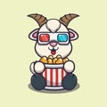 Cute goat eating popcorn and watch 3d movie.