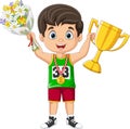 Cartoon little boy holding gold trophy and bouquet of flowers