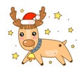 Cute cartoon deer in Santa hat with stars. Funny character for your winter design.