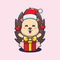 Cute hedgehog happy with christmas gift. Cute christmas cartoon character illustration.