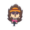 Cool hedgehog with sunglasses riding a motorcycle in summer day.
