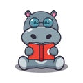 Cute hippo reading a book cartoon vector illustration. Royalty Free Stock Photo