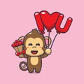 Cute monkey cartoon character holding love balloon and love flowers. Royalty Free Stock Photo
