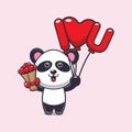 Cute panda cartoon character holding love balloon and love flowers. Royalty Free Stock Photo