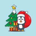Cute penguin carrying christmas gift. Cute christmas cartoon character illustration.
