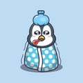 Cute penguin is sick cartoon vector illustration.