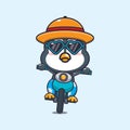 Cool penguin with sunglasses riding a motocycle in summer day.