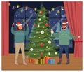 Vector Happy man and woman in the room with big windows and winter landscape, Christmas tree and presents. Beautiful Christmas bac