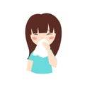 Print. The girl is sick icon. The girl blows her nose into a handkerchief. Headache, cold, runny nose. The child got sick. Quarant Royalty Free Stock Photo