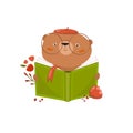 Print. Vector cartoon bear reading. Bear is learning. Cute bear with glasses. Bear with a book in his hands. Student, writer. flow