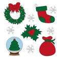 Set of Christmas attributes icons and stickers. Christmas wreath, gift bag. Snow globe with a Christmas tree. Gift sock with mistl Royalty Free Stock Photo