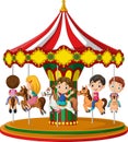 Cartoon little children on the carousel with horses Royalty Free Stock Photo