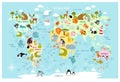 Print. Vector map of the world with cartoon animals for kids. Royalty Free Stock Photo