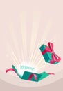Surprise open gift box holiday celebration pink background green box illustration shine concept template Royalty Free Stock Photo