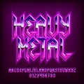 Heavy Metal alphabet font. Glowing letters, numbers and punctuations in heavy metal style.