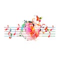 Colorful LP vinyl record disc with musical notes stave and butterflies for concert events, music festivals and shows, party flyers