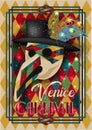 Traditional venice mask Plague Doctor with big nose, invitation card in art deco style Royalty Free Stock Photo