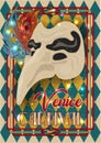 Traditional venice mask Zanni with big nose, greeting card in art deco style , vector Royalty Free Stock Photo