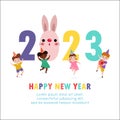 Happy new year 2023 greeting card Colorful Merry Christmas kids background, happy children with party HNY, year of the rabbit