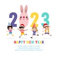 Happy new year 2023 greeting card Colorful Merry Christmas kids background, happy children with party HNY, year of the rabbit