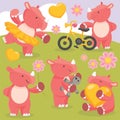 Playing pink baby rhinos hand drawn vector art illustration for girls Royalty Free Stock Photo