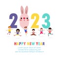 Happy new year 2023 greeting card Colorful Merry Christmas kids background, happy children with party HNY, year of the rabbit