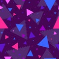 Modern seamless pattern with violet and blue triangles on a dark background. Repetitive background with mosaic and geometric decor Royalty Free Stock Photo