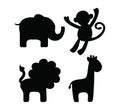 Set of vector silhouettes of cute animals, monkey, elephant, lion, giraffe