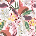 Fashionable seamless tropical pattern with tropical pink leaves and exotic pink, white flowers.