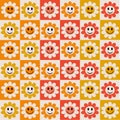 Colorful checkered happy smiley flowers seamless pattern on orange, yellow , red and white squares.