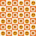 Checkered smiley faces and retro smiley flowers seamless pattern on white and orange squares.