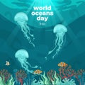 World oceans day 8 June. Save our ocean. Jellyfish and fish were swimming underwater with beautiful coral and seaweed background v Royalty Free Stock Photo