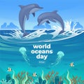 World oceans day 8 June. Save our ocean. Dolphin and fish were swimming underwater with beautiful coral and seaweed background vec