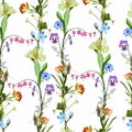Seamless pattern with blue oxypetalum, tulips, viola flowers, a beige background.