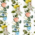 Seamless pattern with blue oxypetalum, roses flowers, eucalyptus, daffodils on a beige background.