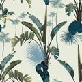 Tropical seamless pattern. Summer print. Jungle rainforest. Exotic plant, bananas, palms leaves. Royalty Free Stock Photo