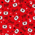 Valentine\'s day pettern hearts and letters envelope. Romantic background.