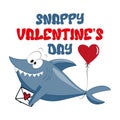 Snappy Valentine\'s Day - funny greeting, cute shark with balloon and letter